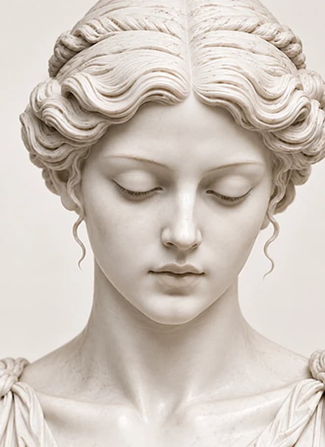 Escultura clássica em mármore, rosto com os olhos fechados