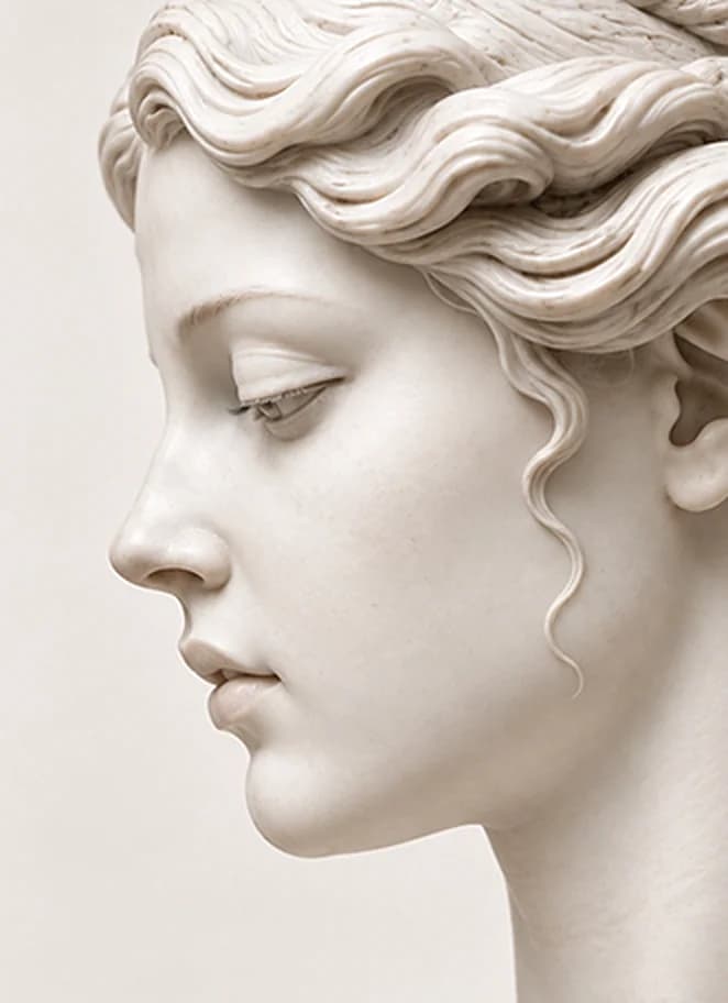 Escultura clássica em mármore, rosto de perfil